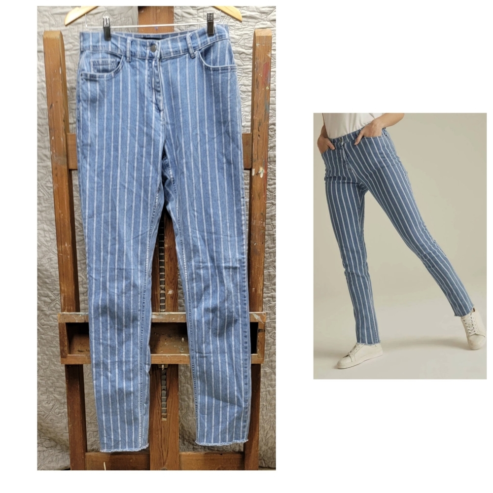 Long Tall Sally LTS sz 6 striped jeans raw hem straight high rise blue denim